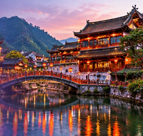 Phố cổ Trung Quốc lên đèn bên dòng sông